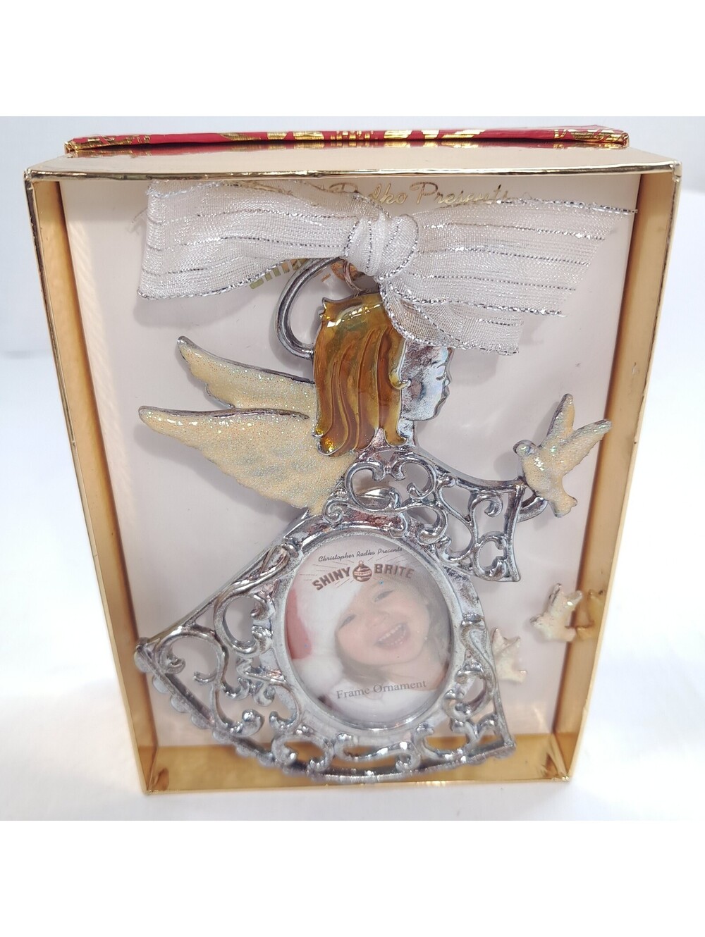 New Christopher Radko Shiny Brite Photo Frame Angel Ornament with Dove Earrings